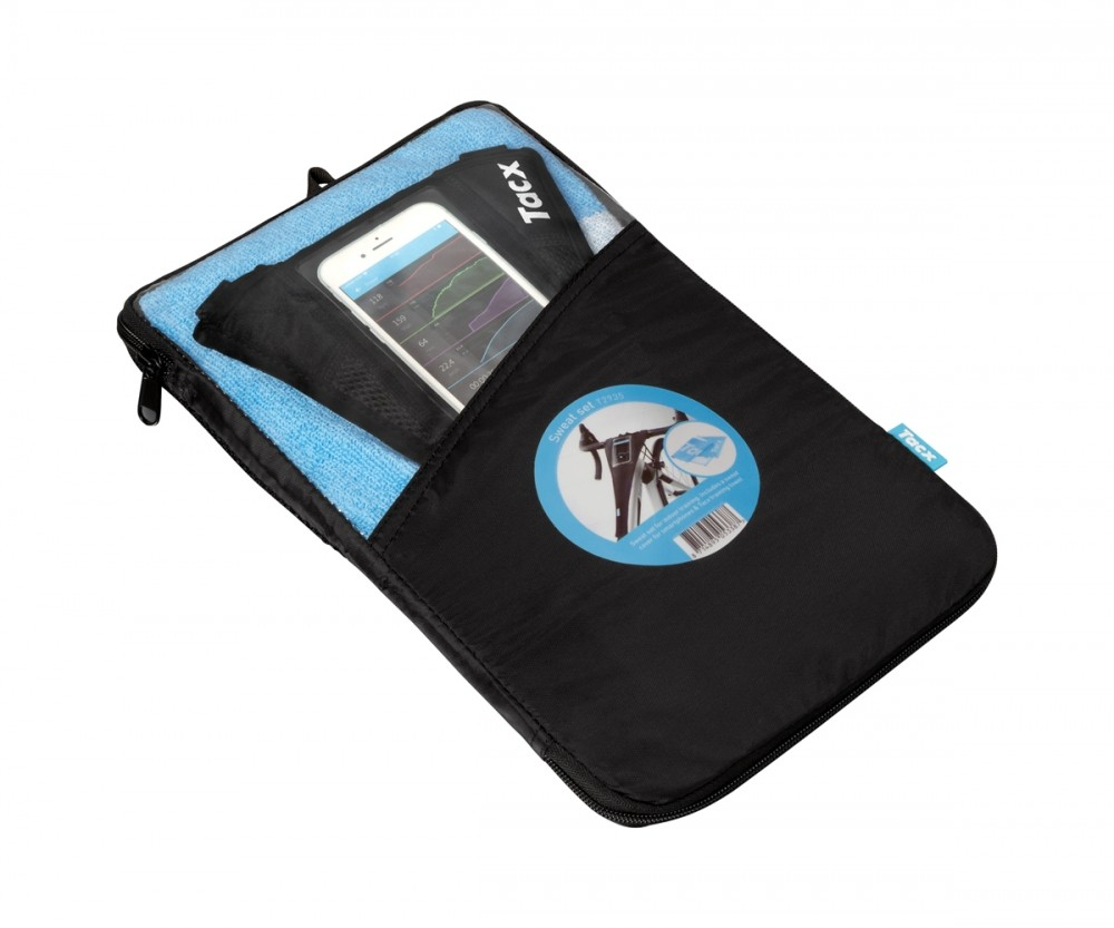 Tacx Set aus Schweißfänger mit Sichtfenster für Smartphone und Trainingshandtuch