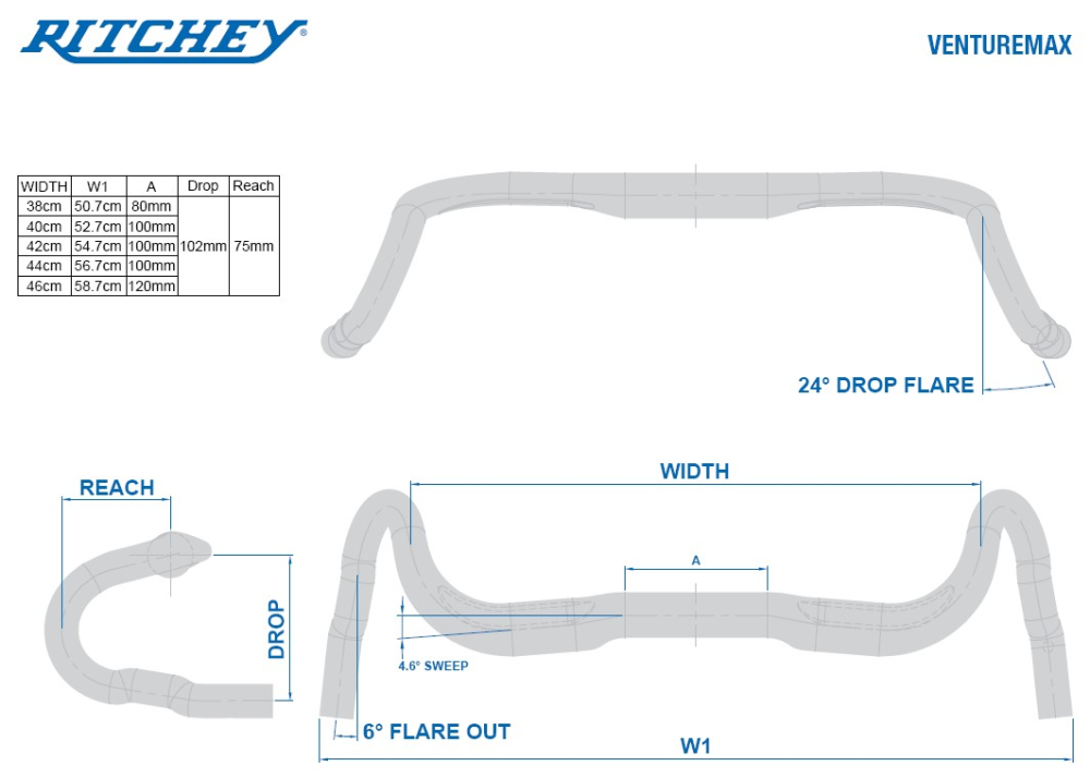 Ritchey Road Lenker WCS Venturemax V2 42cm (c-c oben), Blatte black, 31.8mm, Di2 internal routing