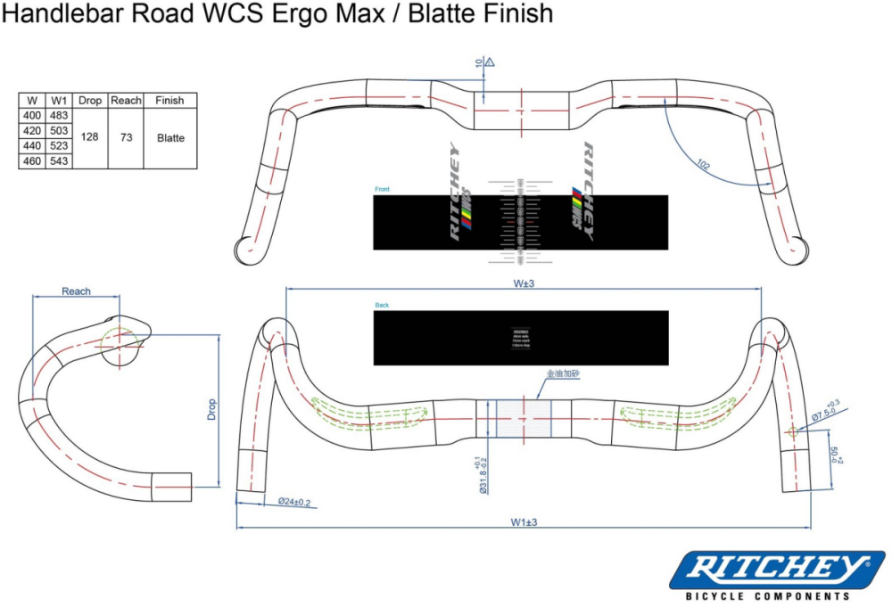Ritchey Road Lenker WCS Ergomax 46cm (c-c oben), blatte black, 31.8mm Di2 internal routing